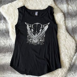 Black Muscle Tank by Local Maker- Print Design with Skull Feathers and Flowers